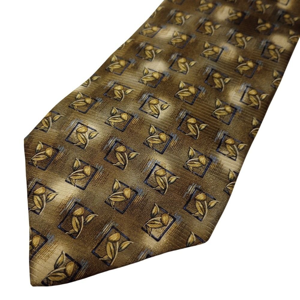 Haggar‎ Clothing Co Mens Silk Necktie Olive Blue Gold Geometric Leaf Botanical